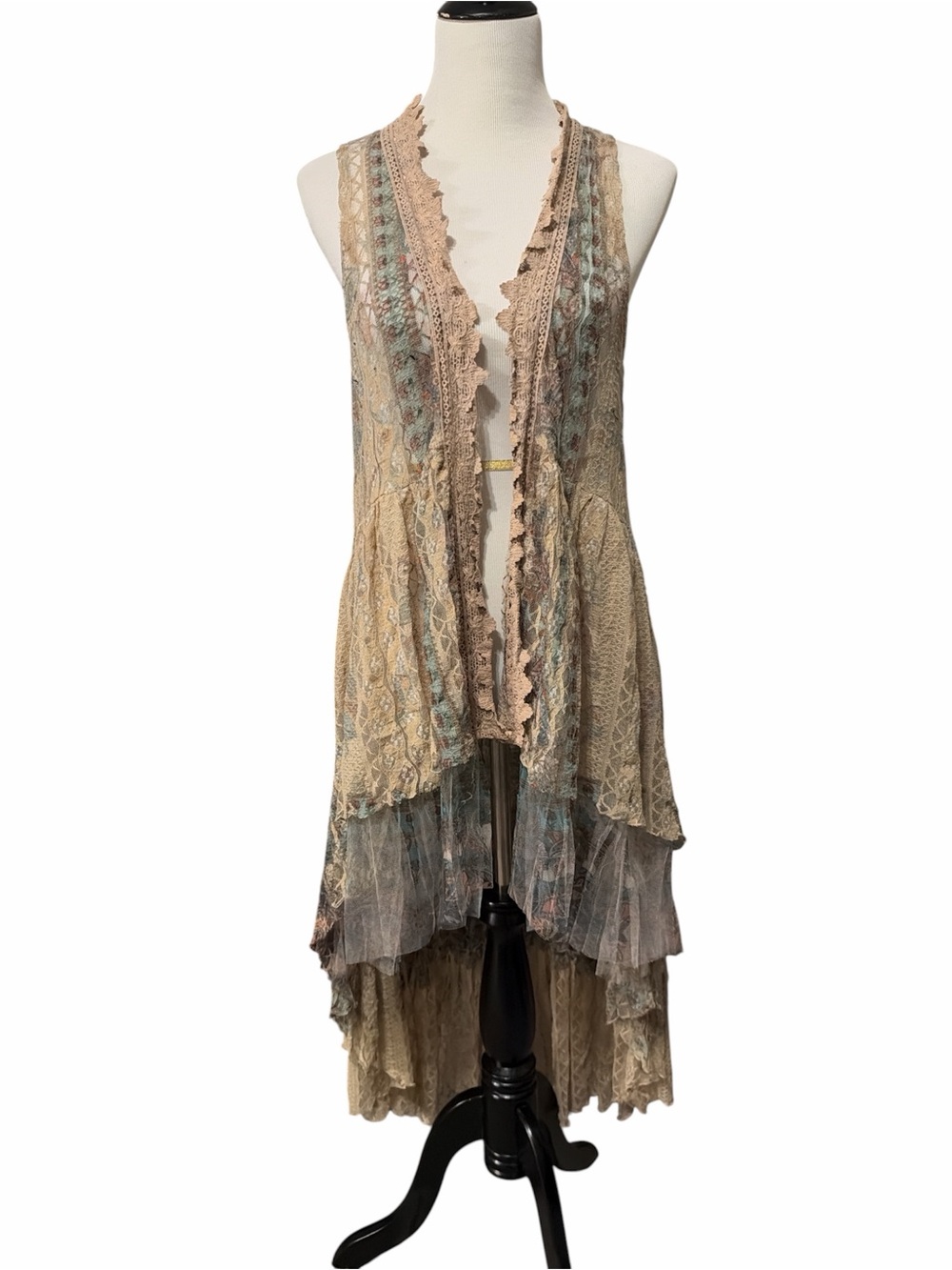 Boho Lace Layered Vest Cardigan in Beige with Soft Blue Accents